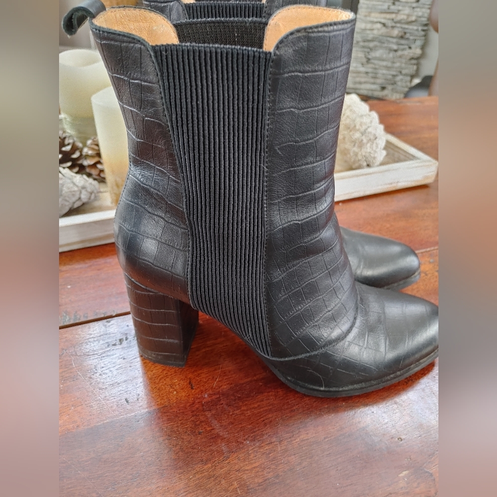 Shoe The Bear Black Leather Croc Chunky Heel Elastic Panel Boots (40)